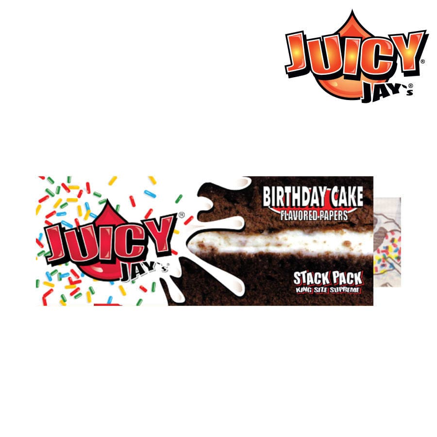 A brightly lit, angled view of Juicy Jay's Rolling Papers + tips - Birthday Cake, featuring colorful sprinkles against a white background.