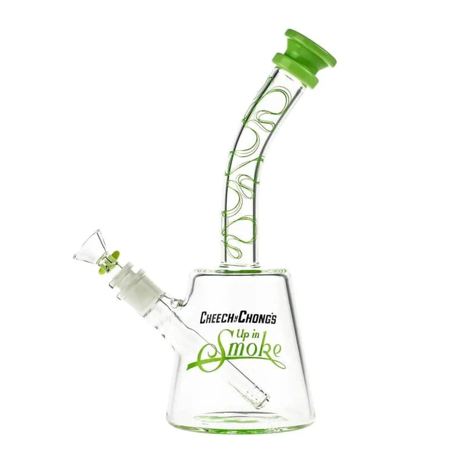 A studio shot of the C&C 40th Anniversary The Cheech Water Pipe in milky green, angled to show its curved neck and glass construction.