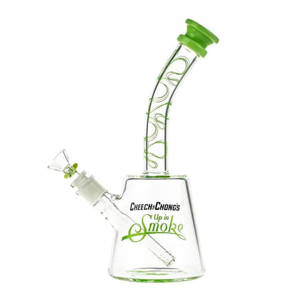 A studio shot of the C&C 40th Anniversary The Cheech Water Pipe in milky green, angled to show its curved neck and glass construction.