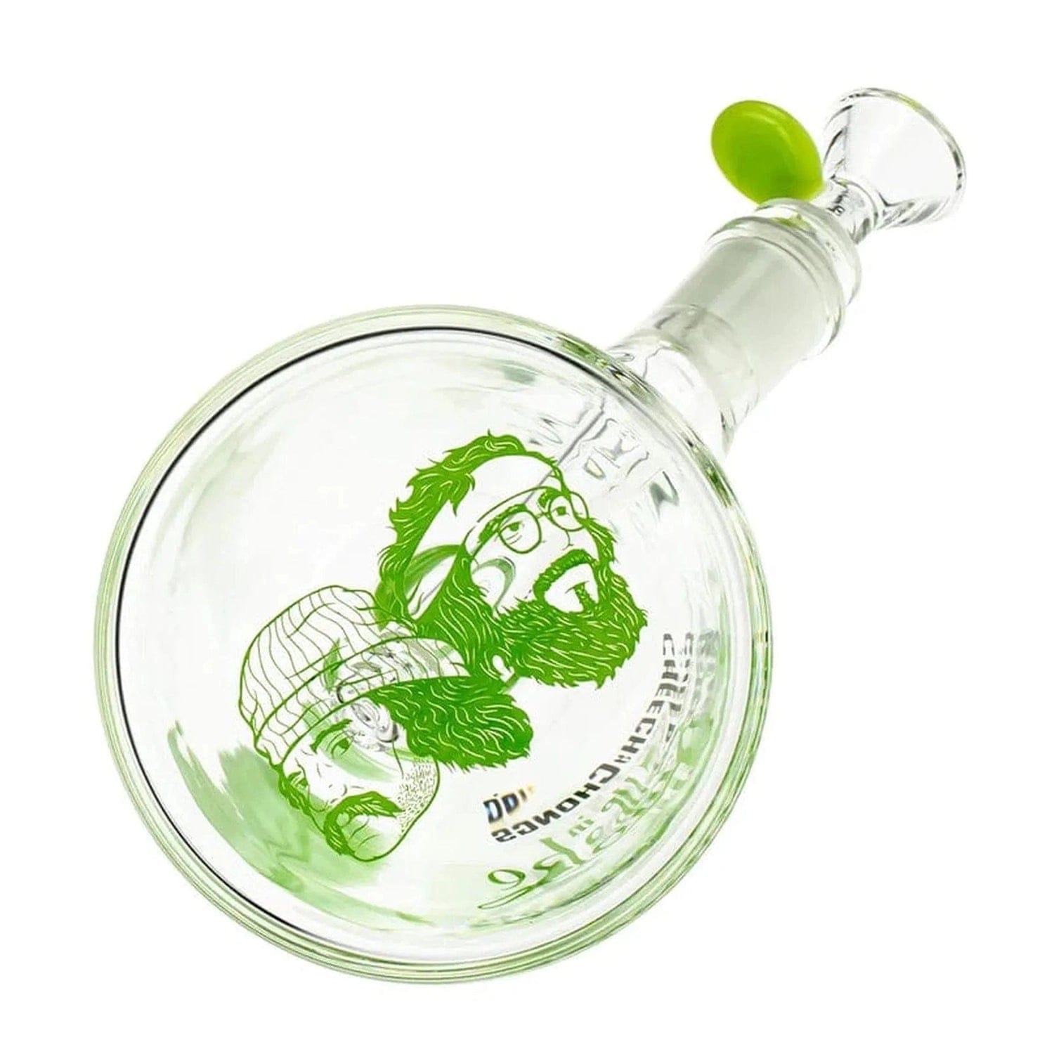 A milky green, front view of the C&C 40th Anniversary The Cheech Water Pipe showcases its curved design and clear glass construction.