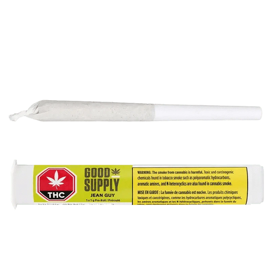 Jean Guy Pre Rolled 1 x 1 g packaging displays a warning against tobacco smoke and hydrocarbons in a bright, contrasting design.
