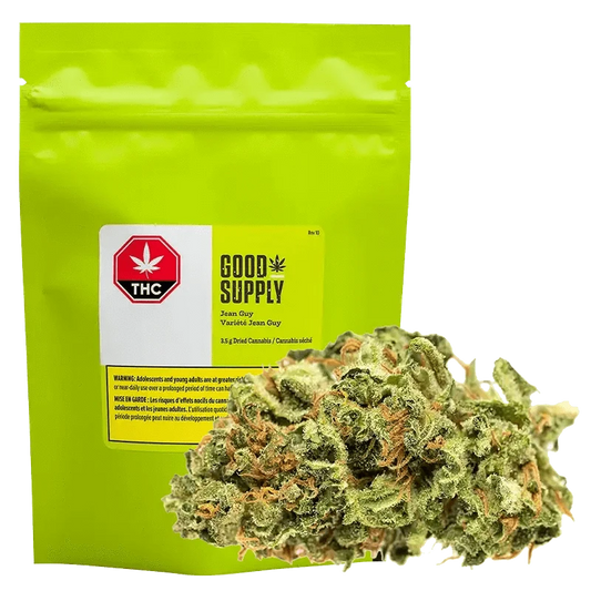A close-up shot of the Jean Guy packaging with prominent cannabis leaf branding against a white background.