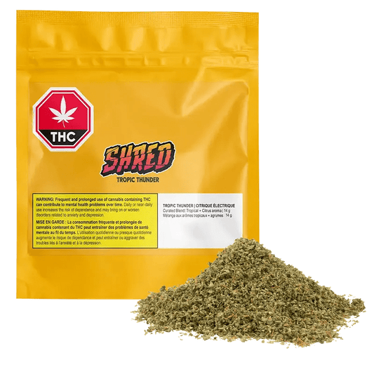 Front view of the “Tropic Thunder” package with bold text and a THC symbol, displaying a warning message in French.