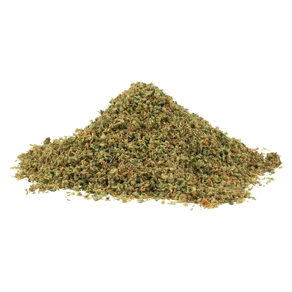 Pile of green and orange shredded herb photographed from front on a white background labeled Tropic Thunder.