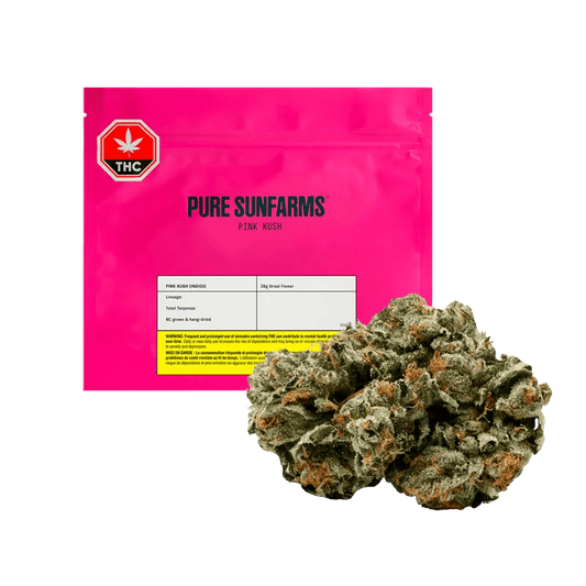 Front view of the Pure Sunfarms Pink Kush packaging, displaying product details on a white label with a green THC icon.