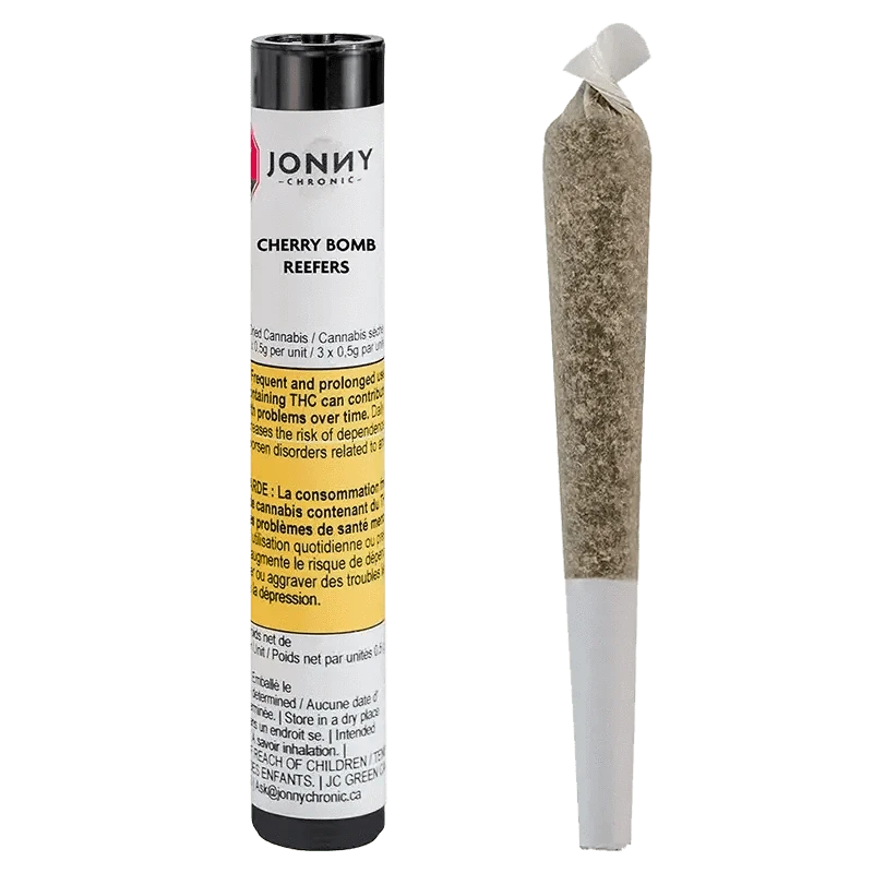 Front view of the Cherry Bomb Pre Rolled 3 x 0.5 g pre-rolled joints in packaging against a black background.