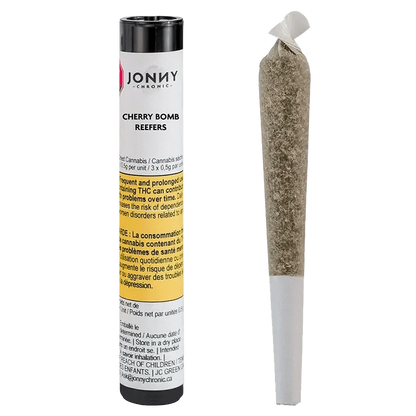 Front view of the Cherry Bomb Pre Rolled 3 x 0.5 g pre-rolled joints in packaging against a black background.