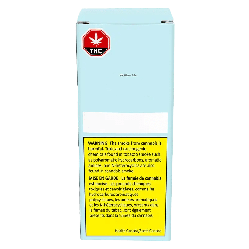 CBD 50 Formula Hybrid Oil 20, a warning sign displayed over a vibrant green background, with text indicating the potential dangers of cannabis smoke.