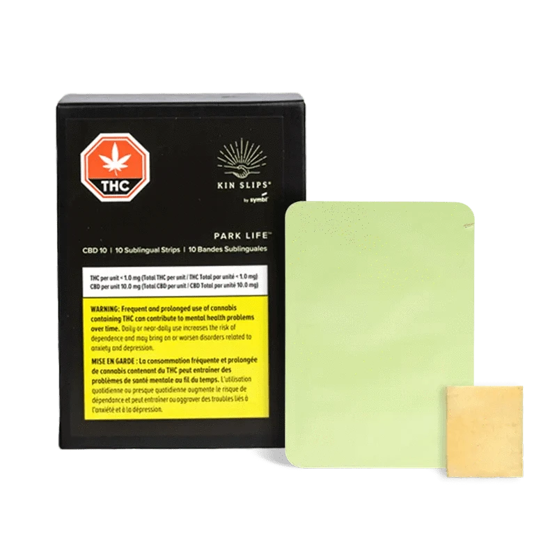 Close-up of Park Life CBD Strips packaging with a vibrant green and white design, displaying product details and warnings.