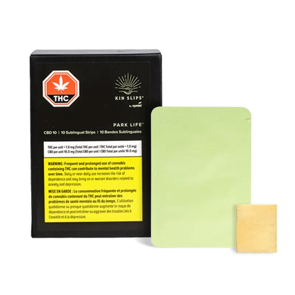 Close-up of Park Life CBD Strips packaging with a vibrant green and white design, displaying product details and warnings.