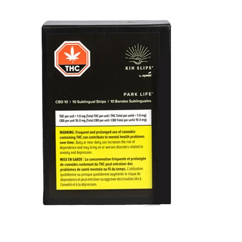 A close-up, angled view of Park Life CBD Strips packaging featuring dark blue and gold text on a black background.