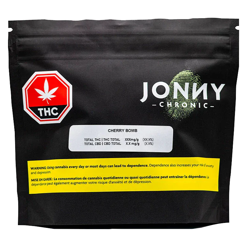 Front view of the Jonny Chronic Cherry Bomb black resealable pouch with a red THC octagon and yellow warning strip.