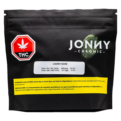 Front view of the Jonny Chronic Cherry Bomb black resealable pouch with a red THC octagon and yellow warning strip.
