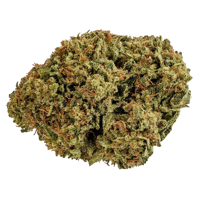 Close-up top-down view of a dense, green-and-orange cannabis bud labeled Cherry Bomb, showing frosty trichomes and curled pistils against a white background