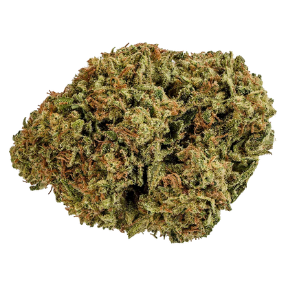 Close-up top-down view of a dense, green-and-orange cannabis bud labeled Cherry Bomb, showing frosty trichomes and curled pistils against a white background