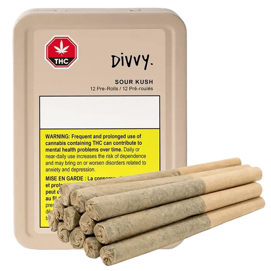 Front view of the Sour Kush Pre Rolled 12 x 0.35 g pre-rolls packaging with a warning symbol and bold text on a white background.
