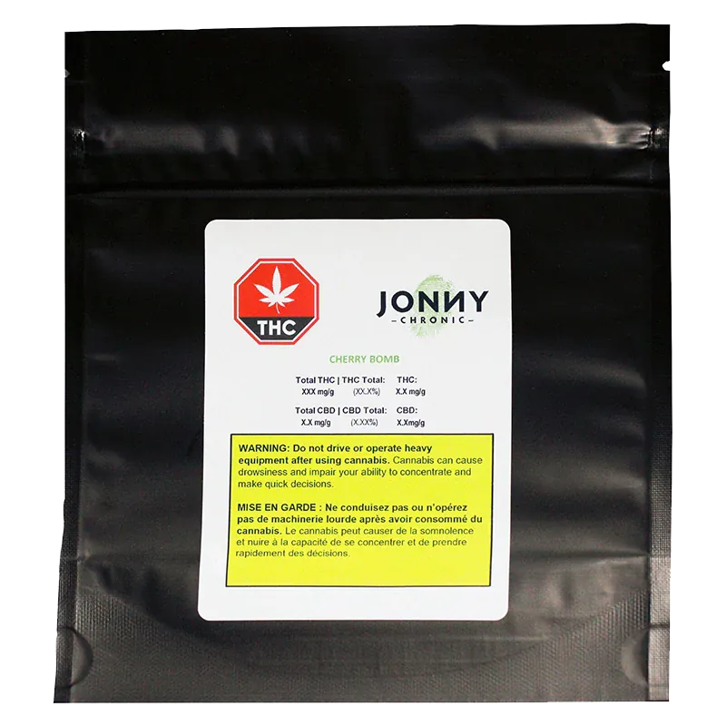 Front-facing photo of the black pouch with a white label reading JONNY CHRONIC Cherry Bomb and a red THC symbol above a yellow warning box.