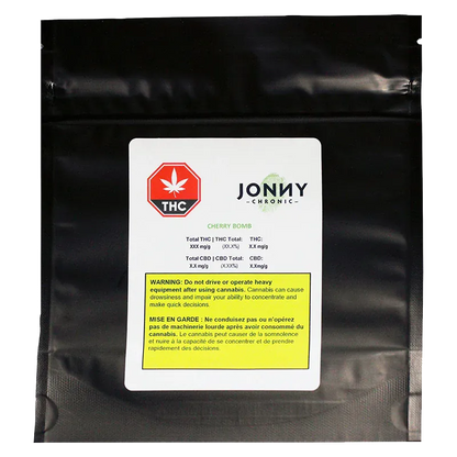 Front-facing photo of the black pouch with a white label reading JONNY CHRONIC Cherry Bomb and a red THC symbol above a yellow warning box.