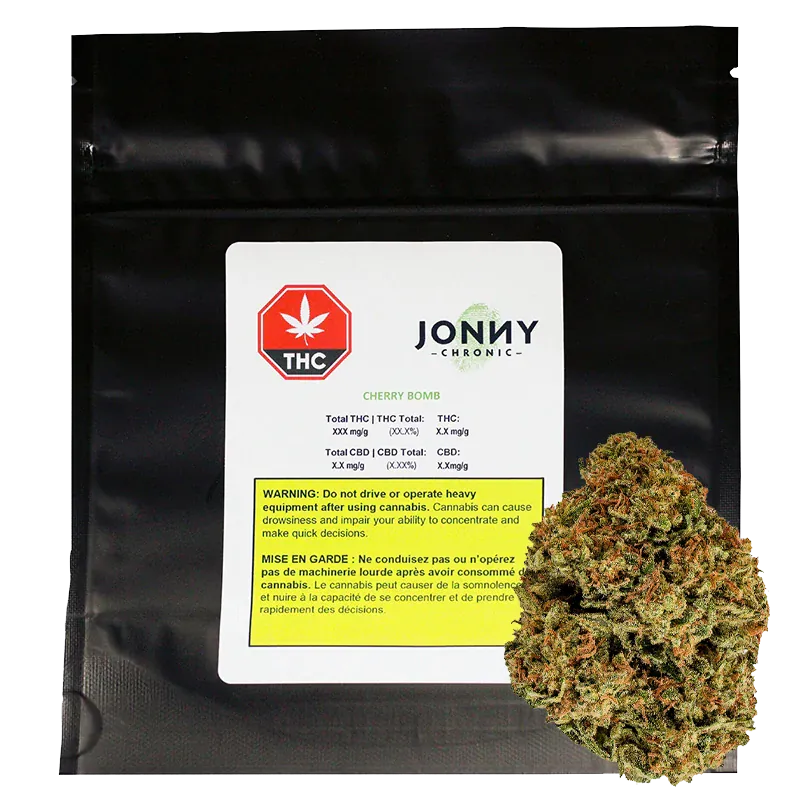 Front-facing shot of a Jonny Chronic Cherry Bomb 14 g black resealable pouch with white label and a cannabis bud overlapping the lower right.