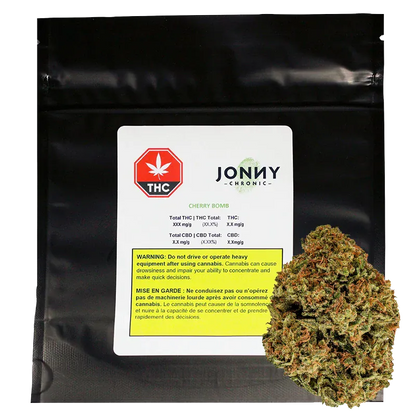 Front-facing shot of a Jonny Chronic Cherry Bomb 14 g black resealable pouch with white label and a cannabis bud overlapping the lower right.