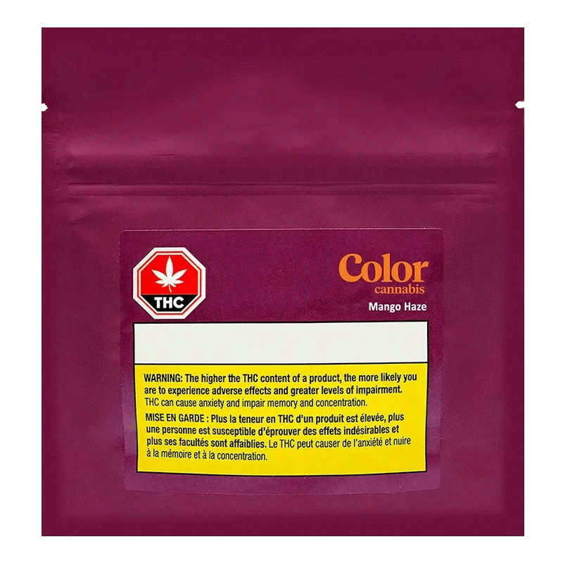 Mango Haze Pre Rolled 10 x 0.35 g packaging displays a warning about THC, with a red color and cannabis leaf graphic.