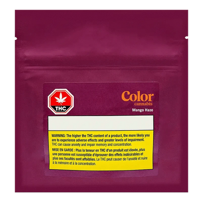 Mango Haze Pre Rolled 10 x 0.35 g packaging displays a warning about THC, with a red color and cannabis leaf graphic.