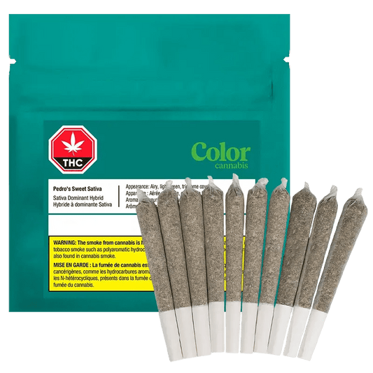 A close-up shot of the ten 0.35g pre-rolls of Pedro's Sweet Sativa, presented in a clear plastic package against a black background.