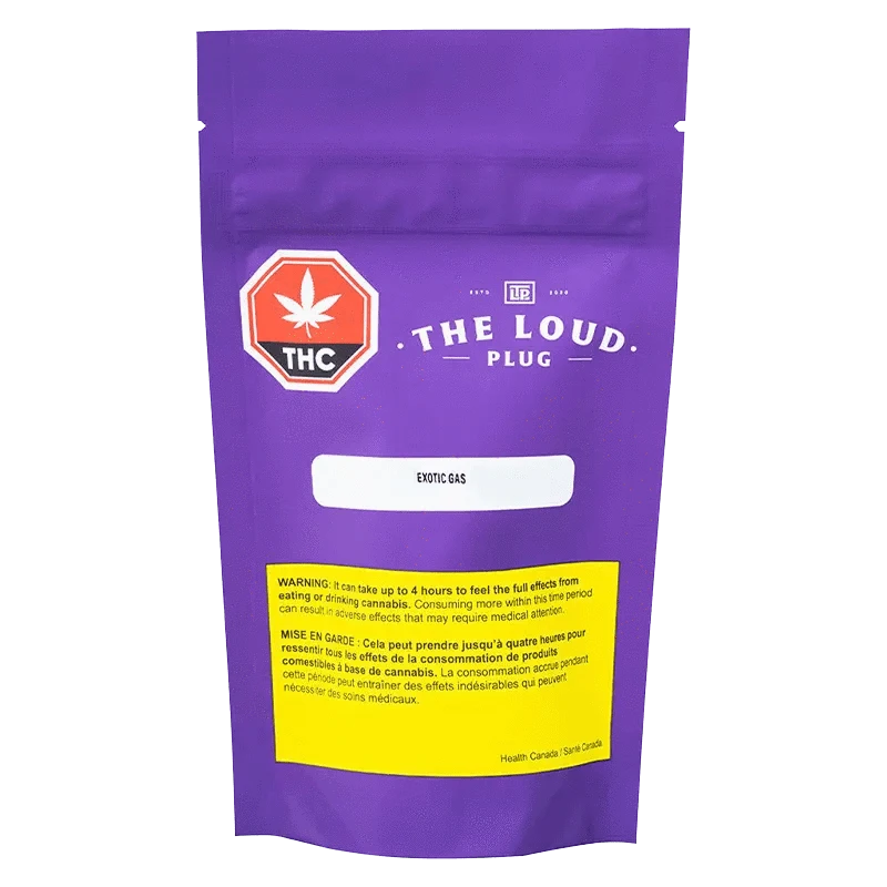 Front view of the “Exotic Gas” packaging, showing the black label with white text, and a faint cannabis leaf design.