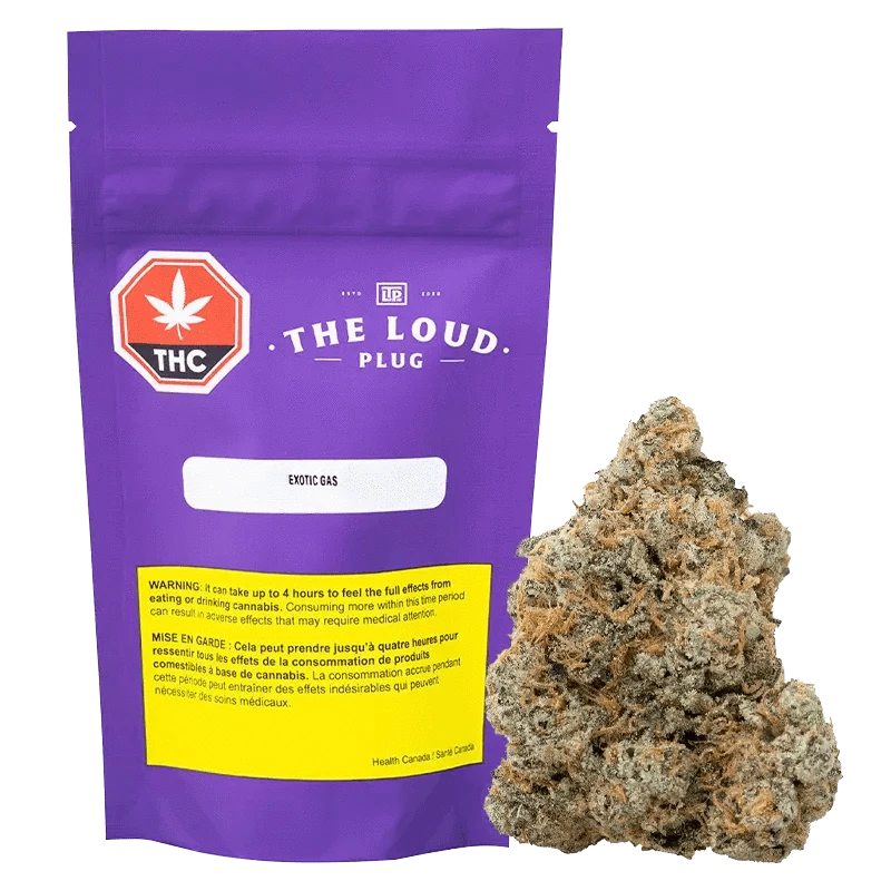 Front view of the “Exotic Gas” package, featuring a dark background with white and red lettering, and a cannabis leaf logo.
