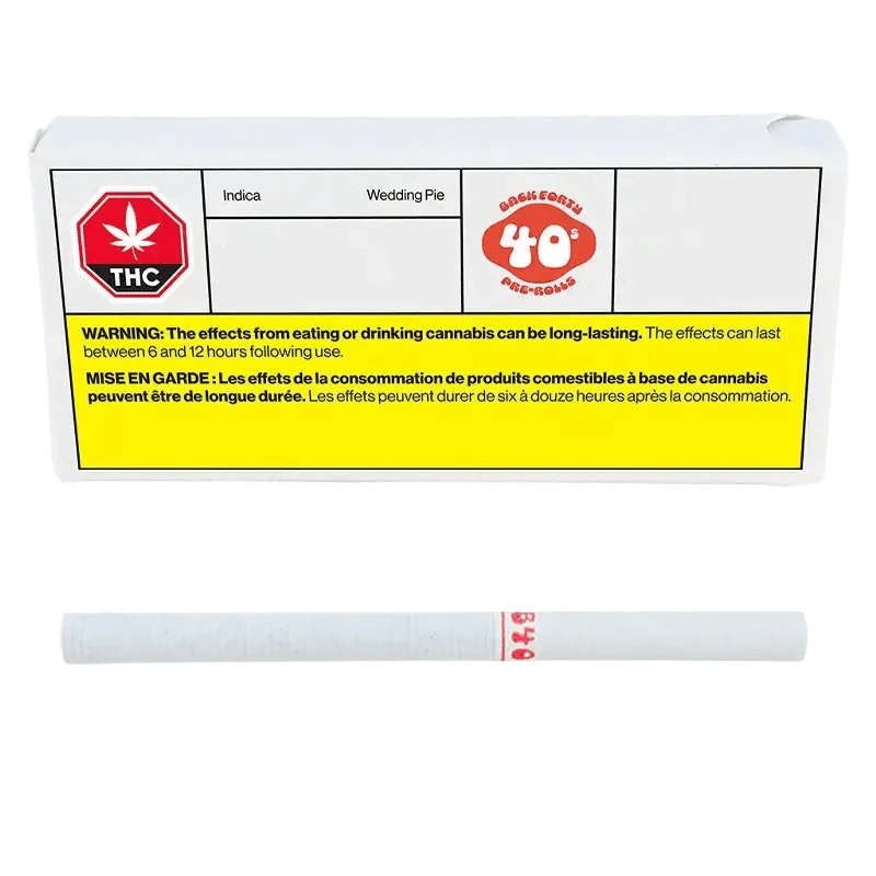 Wedding Pie Pre Rolled 10 x 0.35 g packaging against a black background, displaying a floral design and cannabis leaf.