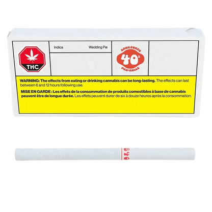 Wedding Pie Pre Rolled 10 x 0.35 g packaging against a black background, displaying a floral design and cannabis leaf.