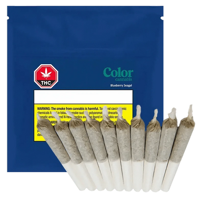 Front view of the Blueberry Seagal Pre Rolled 10 x 0.35 g package, displaying a colorful design with cannabis leaf iconography against a dark background.