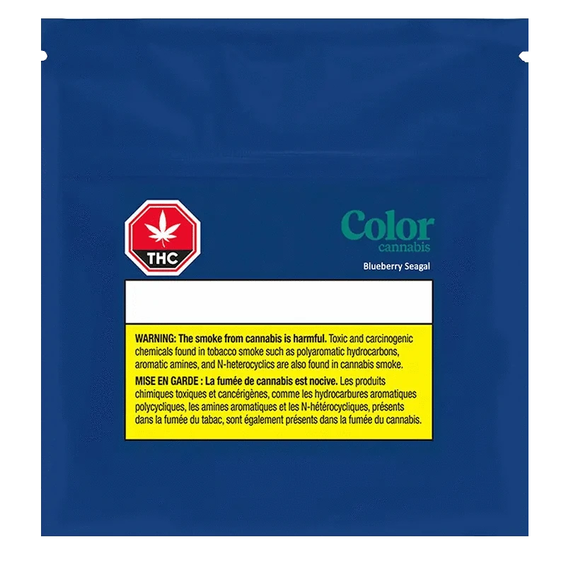 Blueberry Seagal Pre Rolled 10 x 0.35 g, a close-up of a warning label against a dark background.