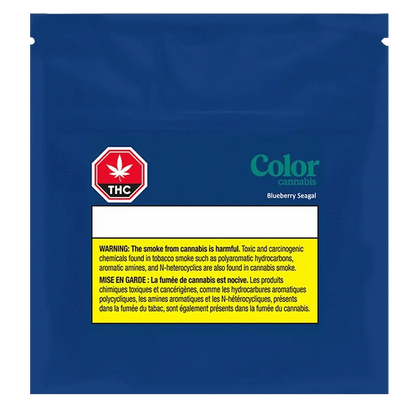 Blueberry Seagal Pre Rolled 10 x 0.35 g, a close-up of a warning label against a dark background.