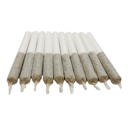 A side view of ten Blueberry Seagal Pre Rolled 0.35 g pre-rolls, neatly arranged against a plain white background.