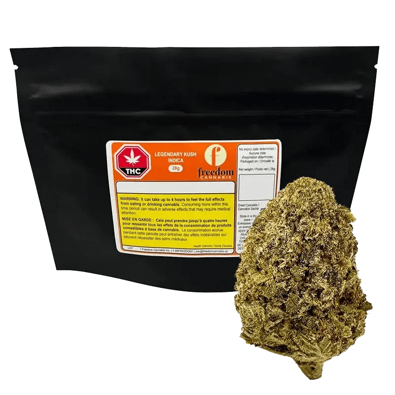 Front view of the Legendary Kush package, displaying cannabis information and branding on a white background.