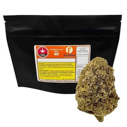 Front view of the Legendary Kush package, displaying cannabis information and branding on a white background.