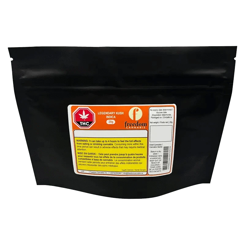 Front view of the Legendary Kush package with a red logo, indicating a 28g product against a white background.