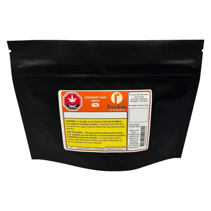 Front view of the Legendary Kush package with a red logo, indicating a 28g product against a white background.