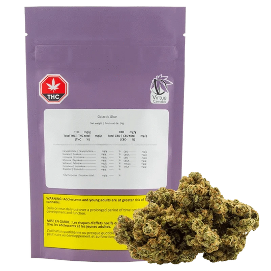 Front view of the Galactic Glue package with a dark background and white text displaying product details and warnings.