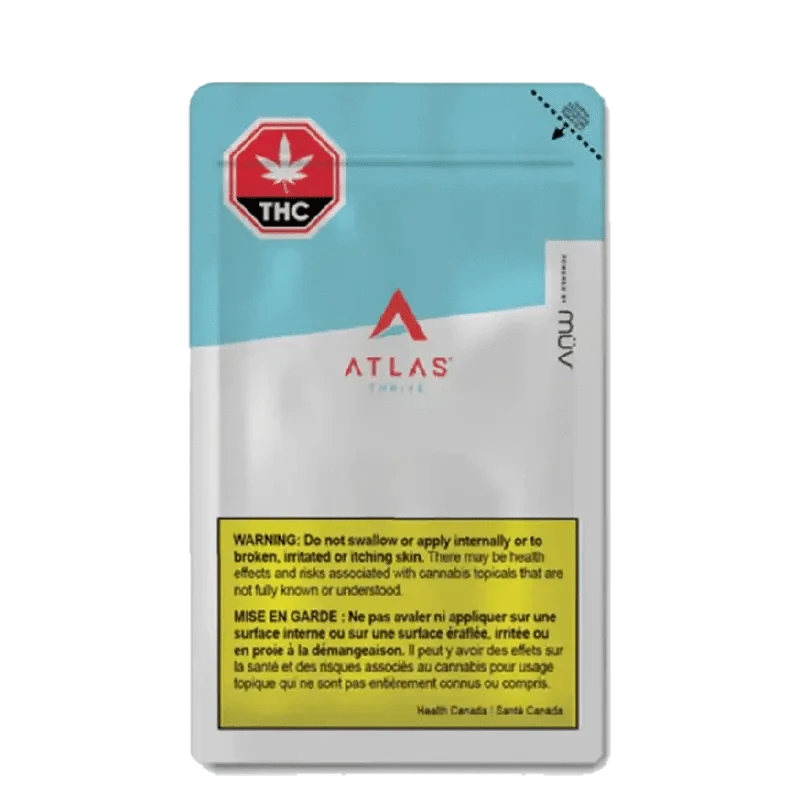 Close-up of the Atlas CBD Tincture bottle with a red and white warning label and a black cap.