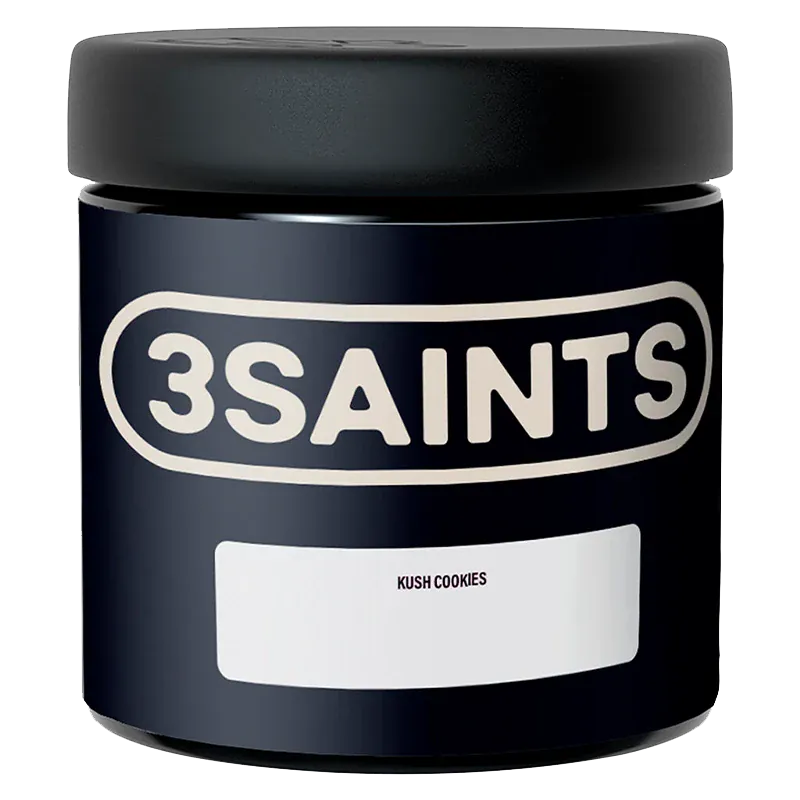 Front-facing view of a black 3SAINTS Kush Cookies jar with a matte black lid and bold cream logo above a small white label.
