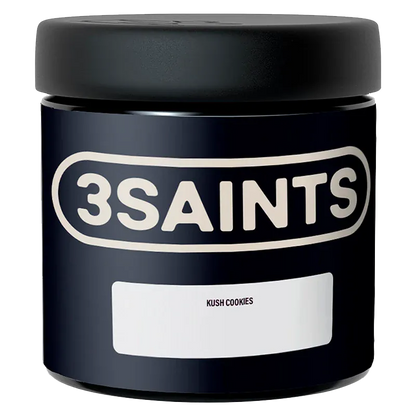 Front-facing view of a black 3SAINTS Kush Cookies jar with a matte black lid and bold cream logo above a small white label.