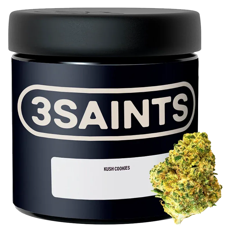 Front-facing shot of a black 3SAINTS Kush Cookies jar with bold logo and a single cannabis bud positioned at the lower right.
