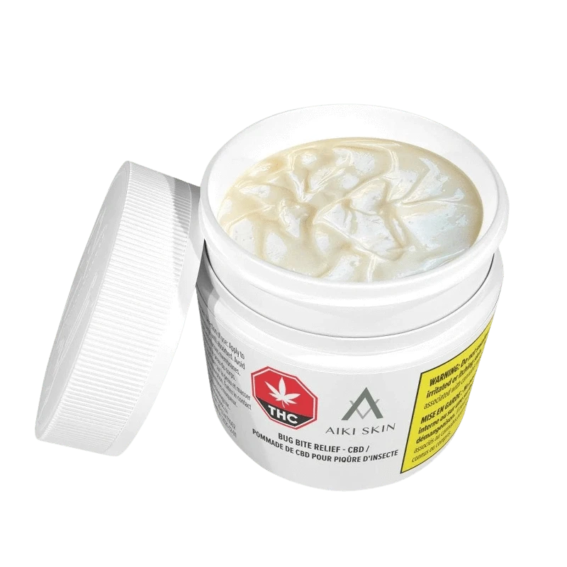 CBD BugX Relief product packaging with warning text in a close-up, angled shot.