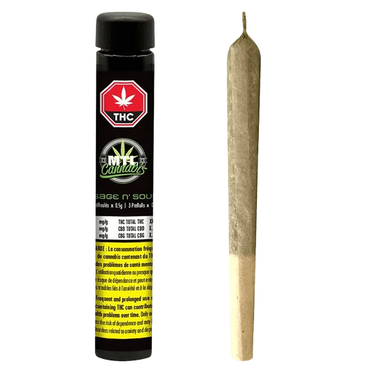 Sage N' Sour Pre Rolled 3 x 0.5 g pre-rolls are shown in a close-up, angled shot against a dark background, highlighting the packaging details.