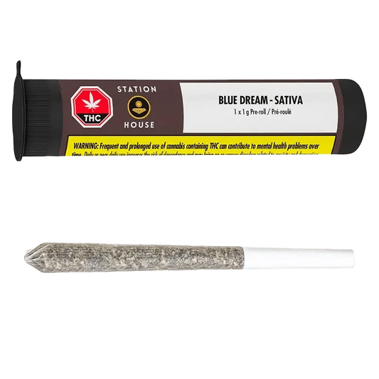 Front view of the Blue Dream Pre Rolled 1 x 0.5 g pre-roll with packaging, displaying the brand's logo and product information.