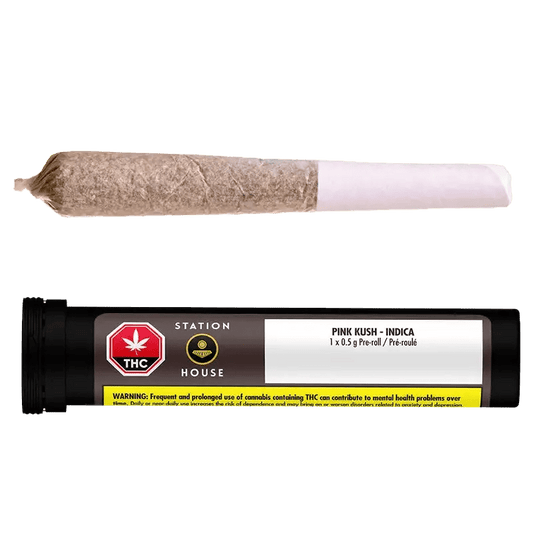 Close-up of the Pink Kush Pre Rolled 1 x 0.5 g pre-roll against a dark background, showcasing its packaging and branding.