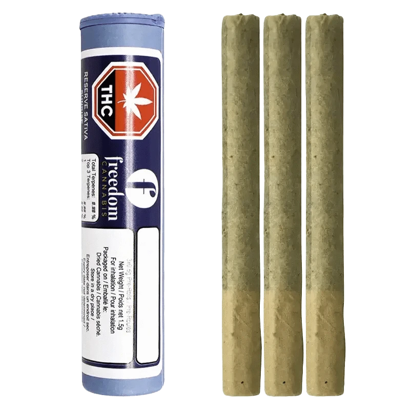 Front view of the Freedom Reserve Pre Rolled 3 x 0.5 g packaging, displaying its vibrant branding and product details against a dark background.