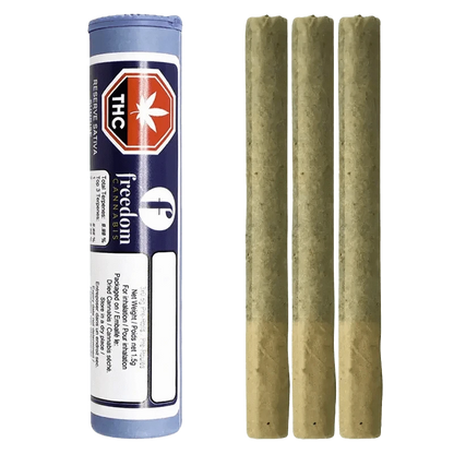 Front view of the Freedom Reserve Pre Rolled 3 x 0.5 g packaging, displaying its vibrant branding and product details against a dark background.